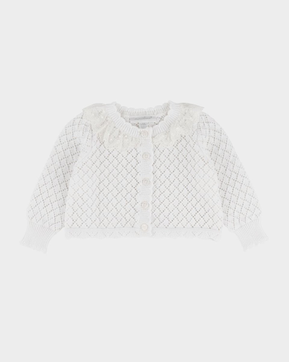 Girl's Pointelle Lace-Trim Cardigan, Size 3M-24